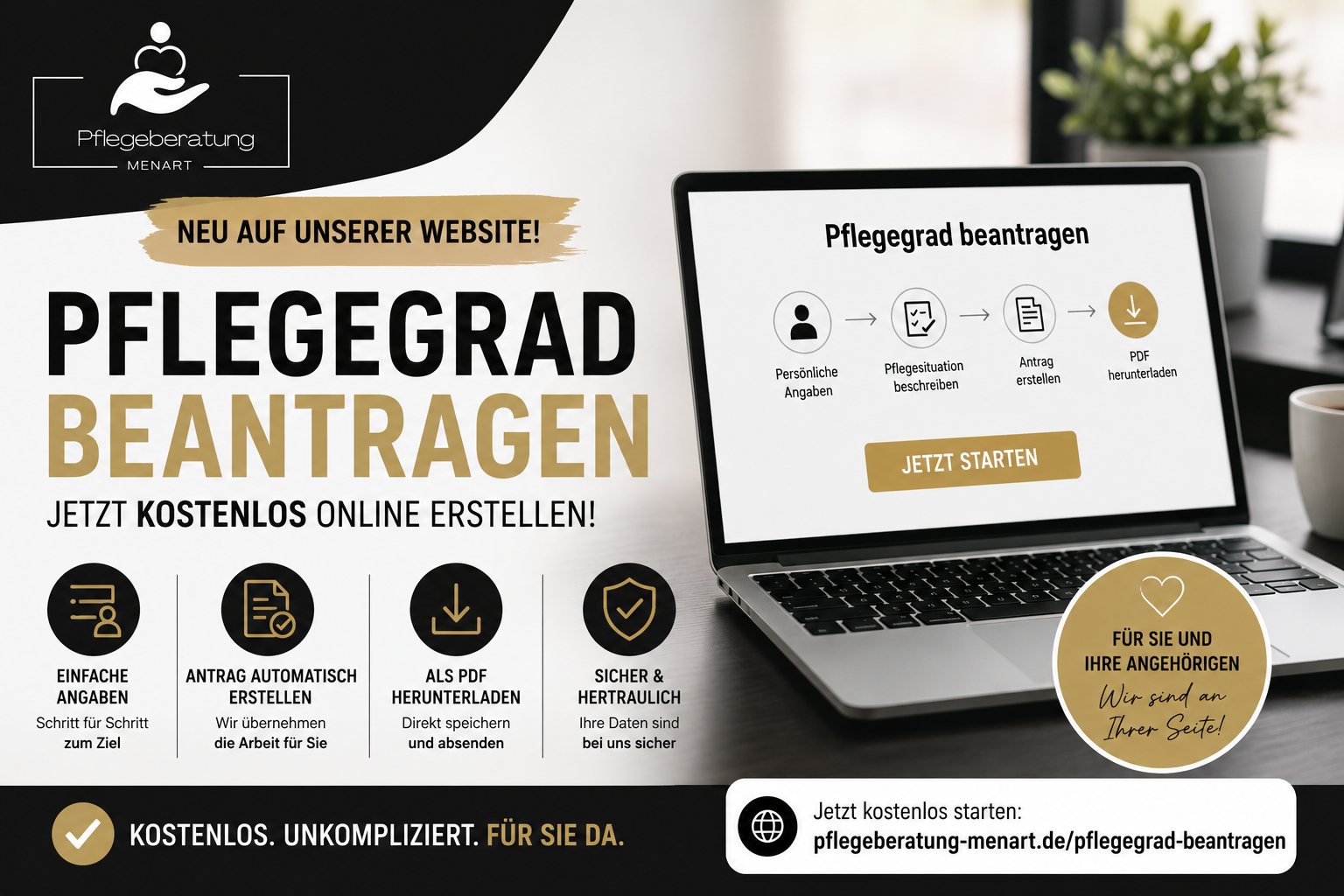 Pflegegrad kostenlos online beantragen mit dem Tool der Pflegeberatung Menart