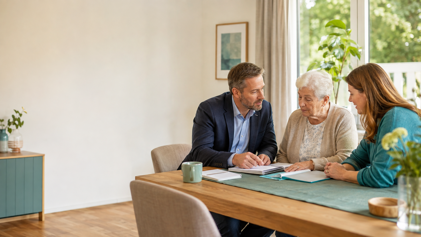 Pflegeberater bespricht mit einer Seniorin und ihrer Angehörigen die Erhöhung des Pflegegrades.