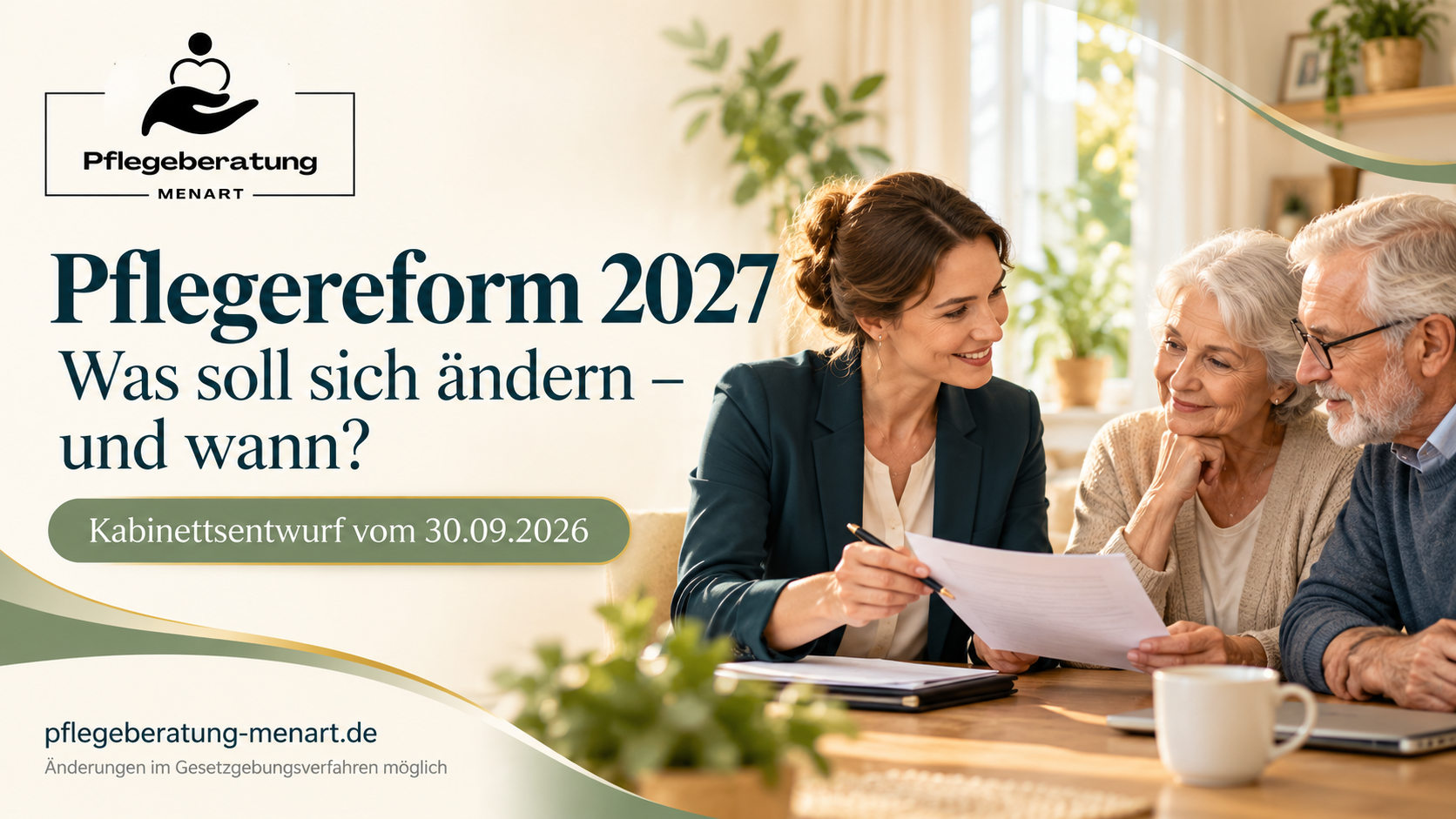 Pflegereform 2027: Pflegeberatung Menart informiert über geplante Änderungen – Beratung eines älteren Paares.